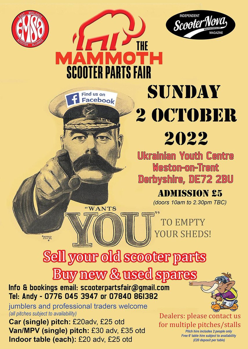 Getting a lot of calls &amp; emails now from trade &amp; private jumblers, booking pitches for the Scooter Parts Fair on 2 October. Not long to wait bow so if you want to clear out your shed, drop us a line sooner than later to book a pitch. And if you’re looking to buy spares too…