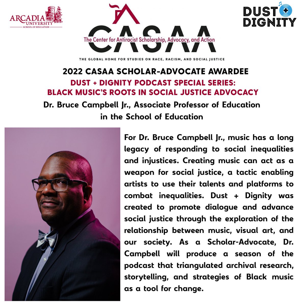 I am delighted to share that I have been one of five projects selected for the 2022-2023 @globalcasaa Scholar-Advocates Program <a href="/arcadia1853/">Arcadia University</a>. My project is tentatively titled, <a href="/DustNDignity/">Dust + Dignity</a> #Podcast Special Series: Black Music’s Roots in Social Justice Advocacy.