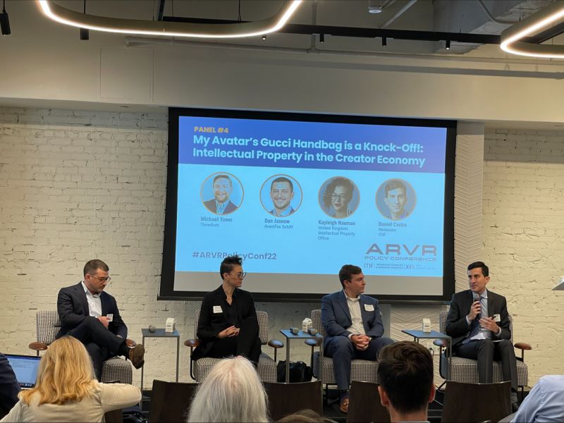 Panel #4: 'My Avatar's Gucci Handbag is a Knock-Off: Intellectual Property in the Creator Economy' Panel: @miketoner @Threedium Dan Jasnow @arentfoxschiff @LegalPracIntel Kayleigh Nauman @the_ipo moderated by @castrotech @ITIFdc @DataInnovation #arvrpolicyconf22 @XRAssociation