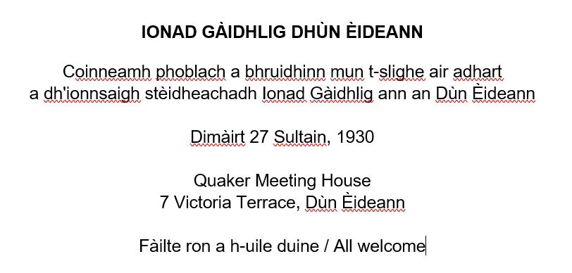 ionaddhuneidea1's tweet photo. Coinneamh phoblach air Dimàirt 27 Sultain aig 1930 a bhruidhinn mun t-slighe air adhart a dh'ionnsaigh stèidheachadh Ionad #Gàidhlig ann an Dùn Èideann.
Feumaidh sinn beachdan, comhairle agus taic de gach seòrsa bhon choimhearsnachd agus sinn a' planadh nan ath cheumannan. https://t.co/7cuVGMBJhV