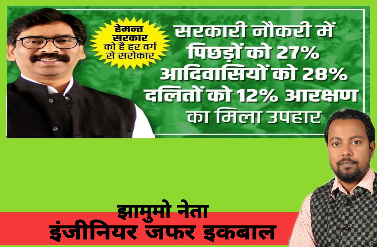 ErZafar32's tweet photo. झारखंड के लोकप्रिय मुख्यमंत्री श्री @HemantSorenJMM भैया आज कैबिनेट की बैठक में 1932 के खतियान एवं OBCआरक्षण 27% को प्रस्ताव को मंजूरी दे दी। 
यह उपहार झारखंड के युवाओं में खुशी की लहर ला देगी। आपके इस उपहार के लिए पूरे झारखंडियों की ओर से धन्यवाद।
@JmmJharkhand
@VinodPandeyJMM https://t.co/oOOUBniBBq