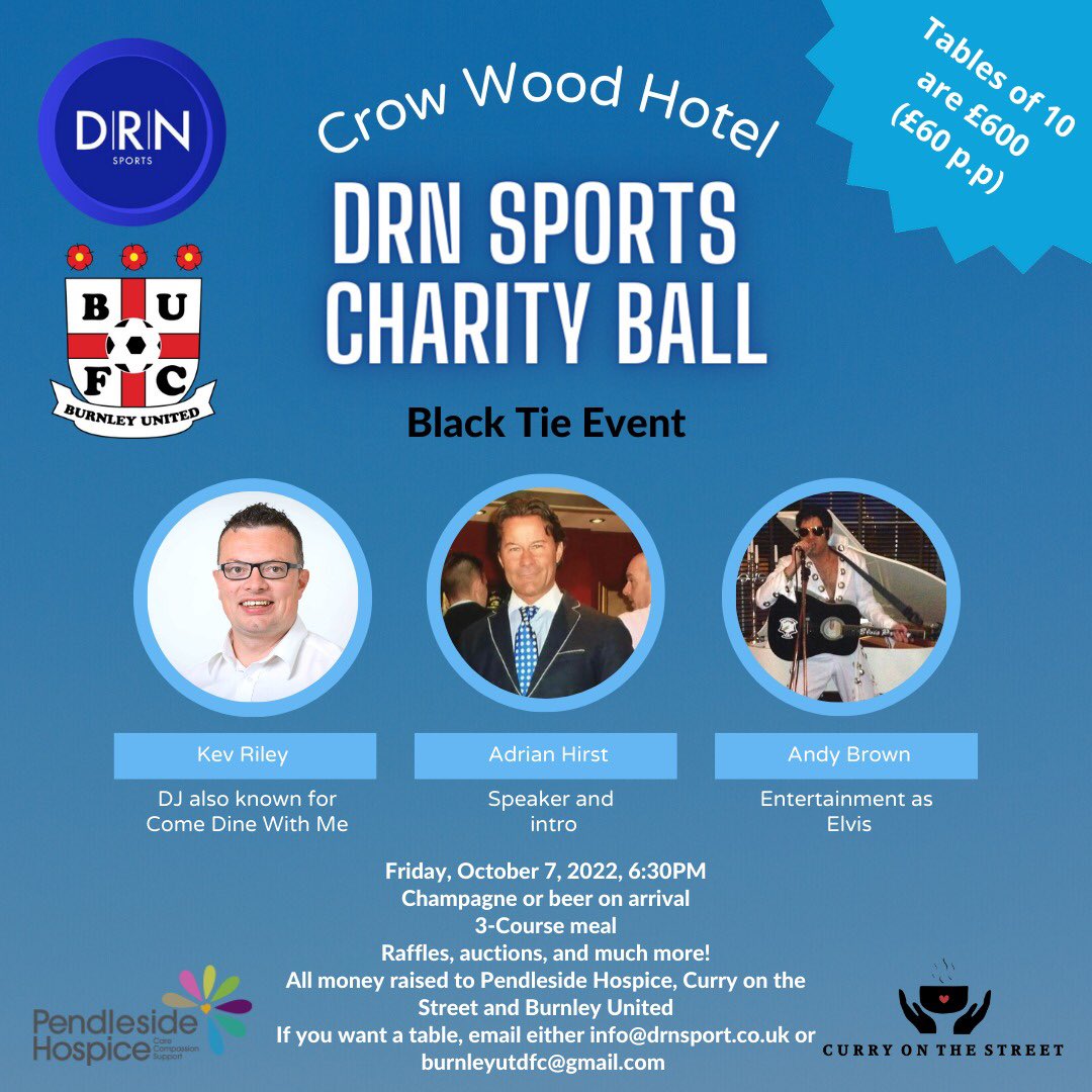 Also just around the corner is our annual fundraising effort which we hope to raise much needed funds for <a href="/PendlesideHosp/">Pendleside Hospice</a> and Curry on the Street at the amazing  <a href="/HotelCrowwood/">Crow Wood Hotel & Spa Resort</a> 

Please get in touch if you want to take one of the 3 remaining tables

#bbwk2022 #burnleybondholders