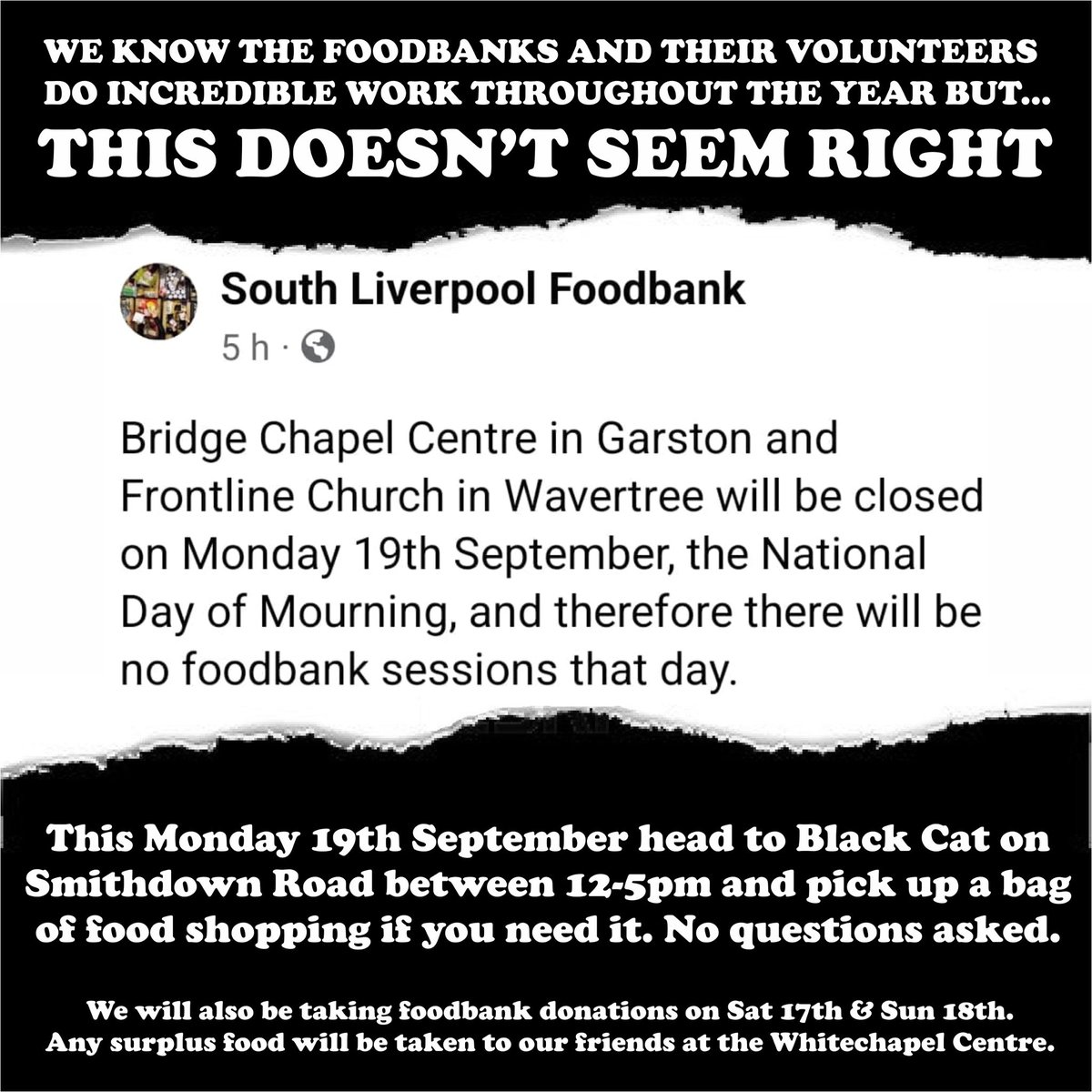blackcatliv's tweet photo. If you or anyone you know needs a bit of help with food, come to Black Cat on Monday 12-5pm &amp; pick up a bag of shopping - no questions asked. https://t.co/dY9C25xLo3