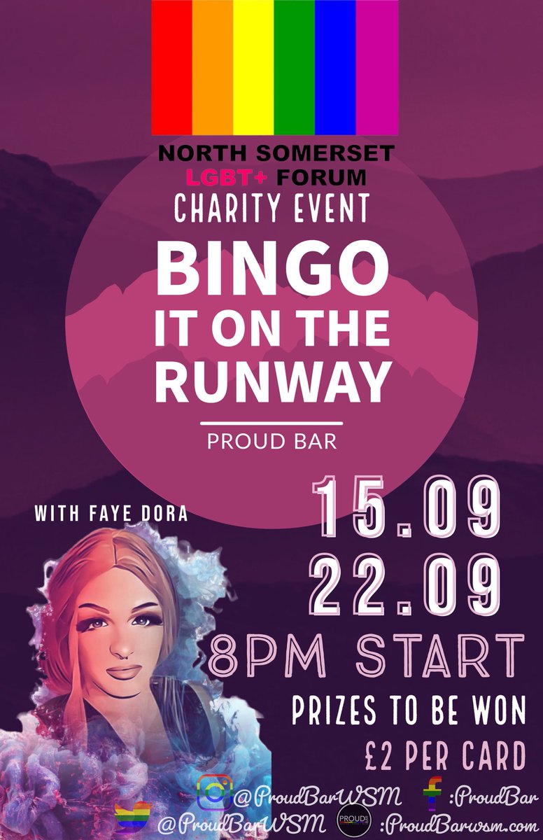 🏳️‍🌈BINGO it on the runway🏳️‍🌈

All entry money raised goes to the North Somerset LGBT+ forum! @NSLGBTFORUM 💖

With your host Faye Dora🖤💋

THURS 15TH SEPT
THURS 22ND SEPT

8PM start, £2 entry✨
🏆Prizes to be won