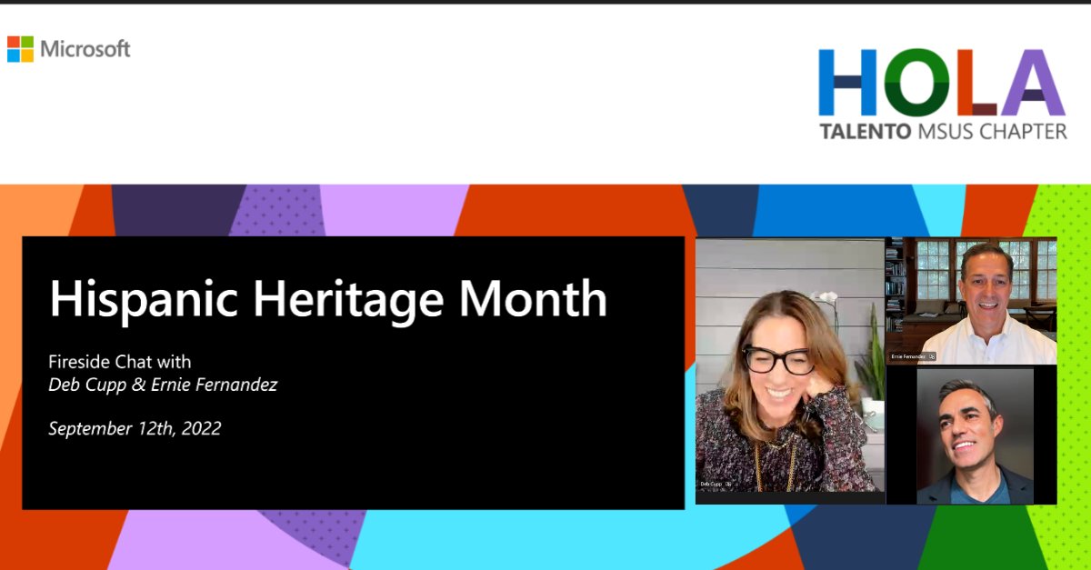 gomezcueto's tweet photo. We had a blast kicking off #HispanicHeritageMonth with our Latinx employee group Talento US. Having @Microsoft leaders @DebCupp and @erniefernandez share their perspectives was an incredible gift. Over the next few weeks, I'll share more insights from our discussion, stay tuned. https://t.co/nhaNRYx0ZQ
