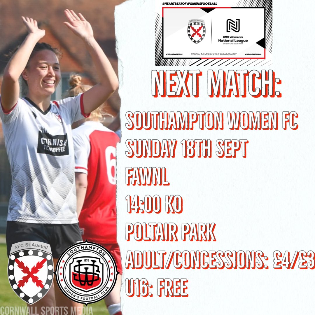 Next up, <a href="/SotonWomensFC/">Southampton Women's FC</a> in the <a href="/FAWNL/">FA Women's National League</a> this Sunday at Poltair Park. 😉 
Come along and show your support.

<a href="/swsportsnews/">South West Sports News</a> 
<a href="/ImpetusFootball/">Impetus</a> 
<a href="/sportscornwall/">Cornwall Sports Media</a>
