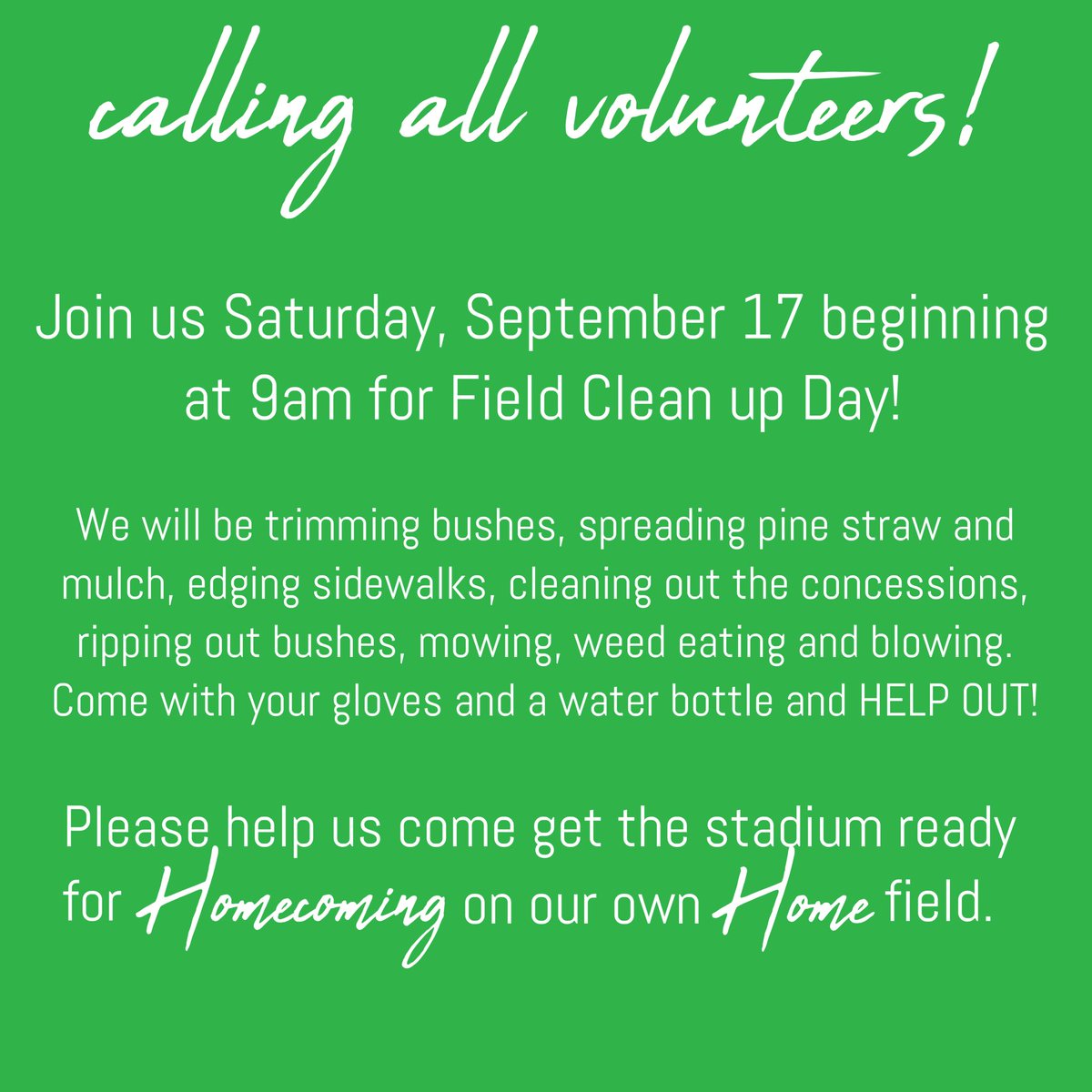 We are in need players, parents, and anyone else who wants to help, to come join us in getting our venues and even our practice fields spruced up. We are all looking forward to getting back to the home field! DM us for more information or for a list of tools needed!