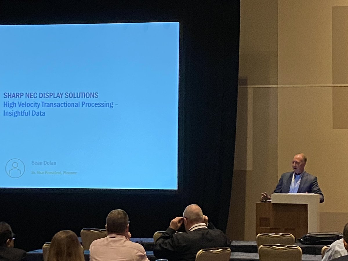 Vistex's tweet photo. @SharpNECDisplay shares about their automation of volume and growth #rebates with the ability to support complex accruals using seasonality-based calculations at #VISTAS2022. What a great session! https://t.co/QLECzOcSN4