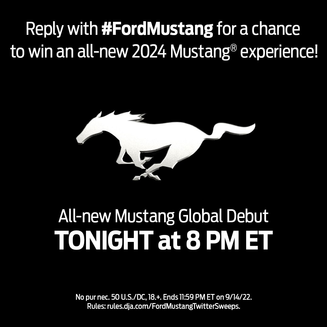 The all-new Mustang® vehicle reveals in 15 MINUTES.

Reply to this Tweet using #FordMustang for a chance to score an exclusive experience with the all-new 2024 Mustang® for you and a friend!

Watch live: ford.to/3DrrwAP

#Sweeps Rules: bit.ly/3eCmaZ6