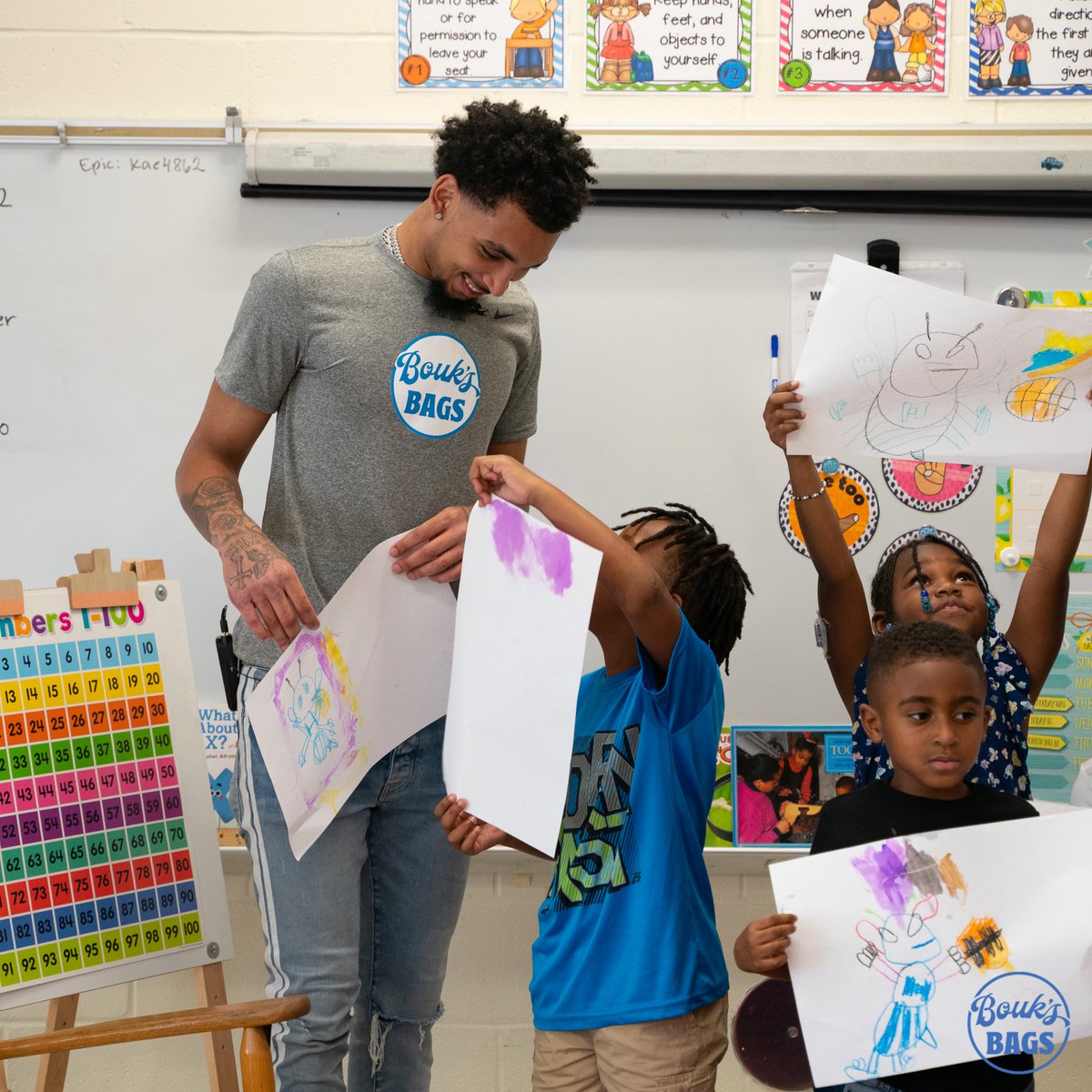 James Bouknight spent the afternoon at First Ward Creative Arts Academy giving backpacks to Kindergarten and 1st Grade students. Bouknight also hung out with some students and worked on a Hornets-themed art project! 🐝🎨 — #SwarmToServe