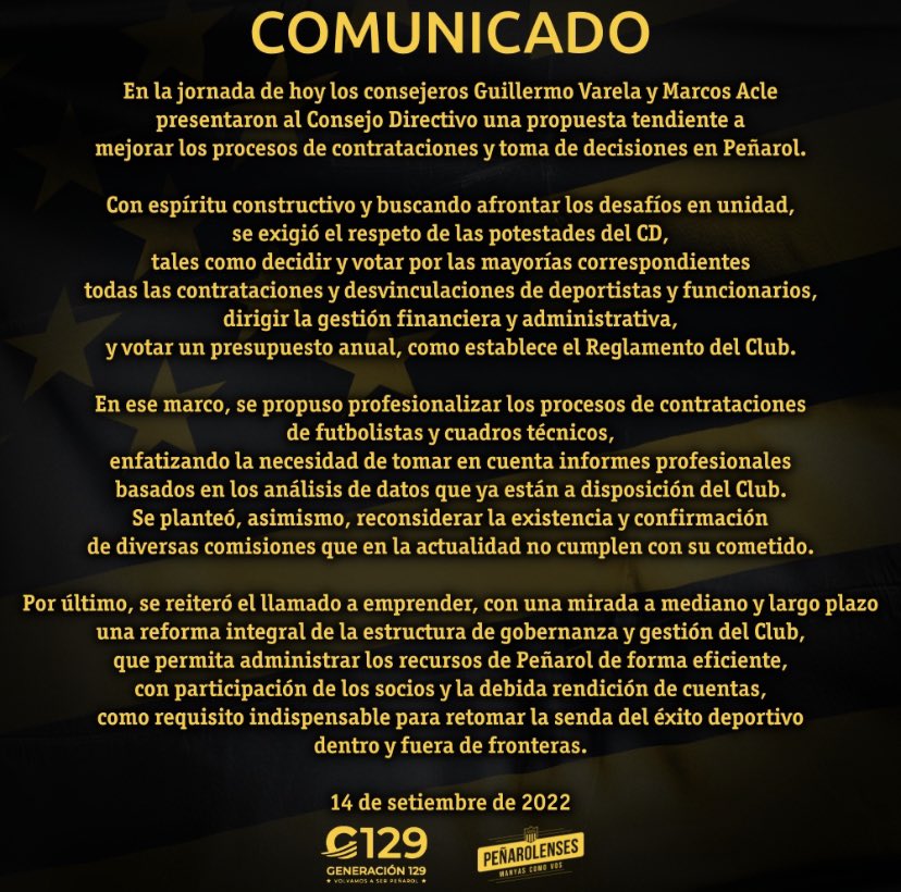 Comunicado de Peñarolenses y Generación 129.
