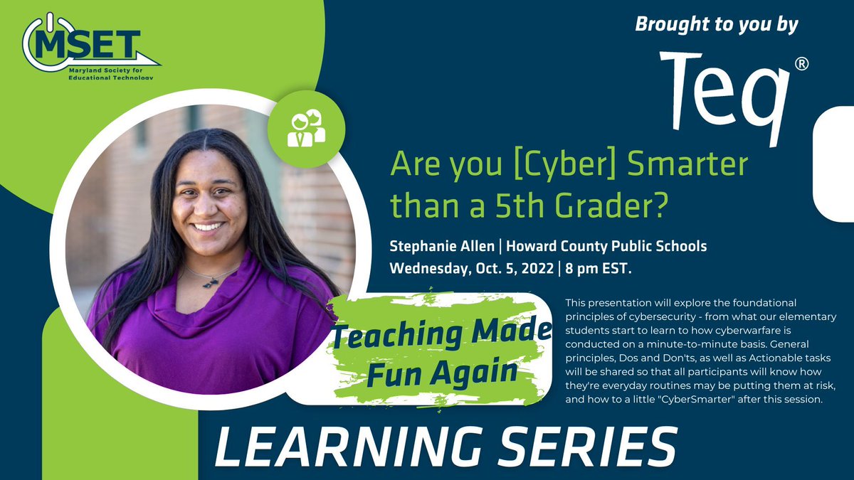 msetonline's tweet photo. Exciting Announcement: MSET is hosting "Are you [Cyber] Smarter than a 5th Grader?" with Stephanie Allen, a teacher at @hcpss_bwes in @HCPSS on Oct. 5th at 8pm EST. Register for free at --->
https://t.co/ToWdj4WydZ https://t.co/8ZBmuRNknF
