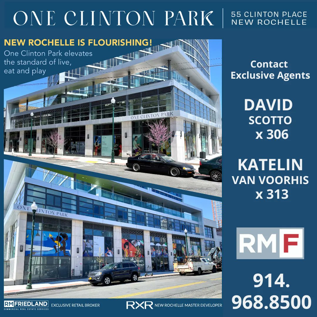 RMFriedlandCRE's tweet photo. NEW ROCHELLE IS FLOURISHING! One Clinton Park elevates the standard of live,
eat and play with its brand new retail space with expansive ceiling heights and dedicated outdoor seating.

Contact David Scotto at 914.968.8500 x 306 and Katelin Van Voorthis at 914.968.8500 x 306 https://t.co/6UmJUfwzvU