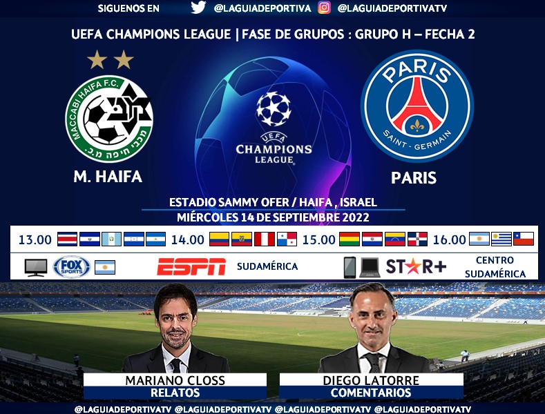 Laguadeportiva1's tweet photo. #UCL | #MHaifa 🇮🇱🇫🇷 #Paris
🗣️Relator: Mariano Closs
🎙 Comentarista: @dflatorre
📺 #FOXSports 🇦🇷
📺 #ESPN Sudamérica (❌🇦🇷)
💻@StarPlusLA Centro y Sudamérica
#⃣ #CHAMPIONSxESPN - #ESPNenStarPlus - #MACPSG
Dale RT https://t.co/cvUoUX39Sr