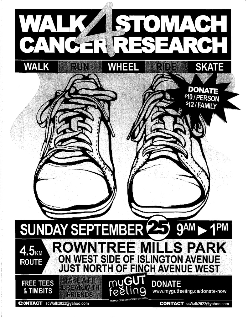 Walk to raise awareness of Stomach Cancer
To honour Father Lui Santi, former pastor of St. Roch re assignment.

September 25, 2022 - 9AM to 1PM

The My Gut Feeling Stomach Cancer Foundation of Canada has a goal of raising $3000

Donate: mygutfeeling.ca
