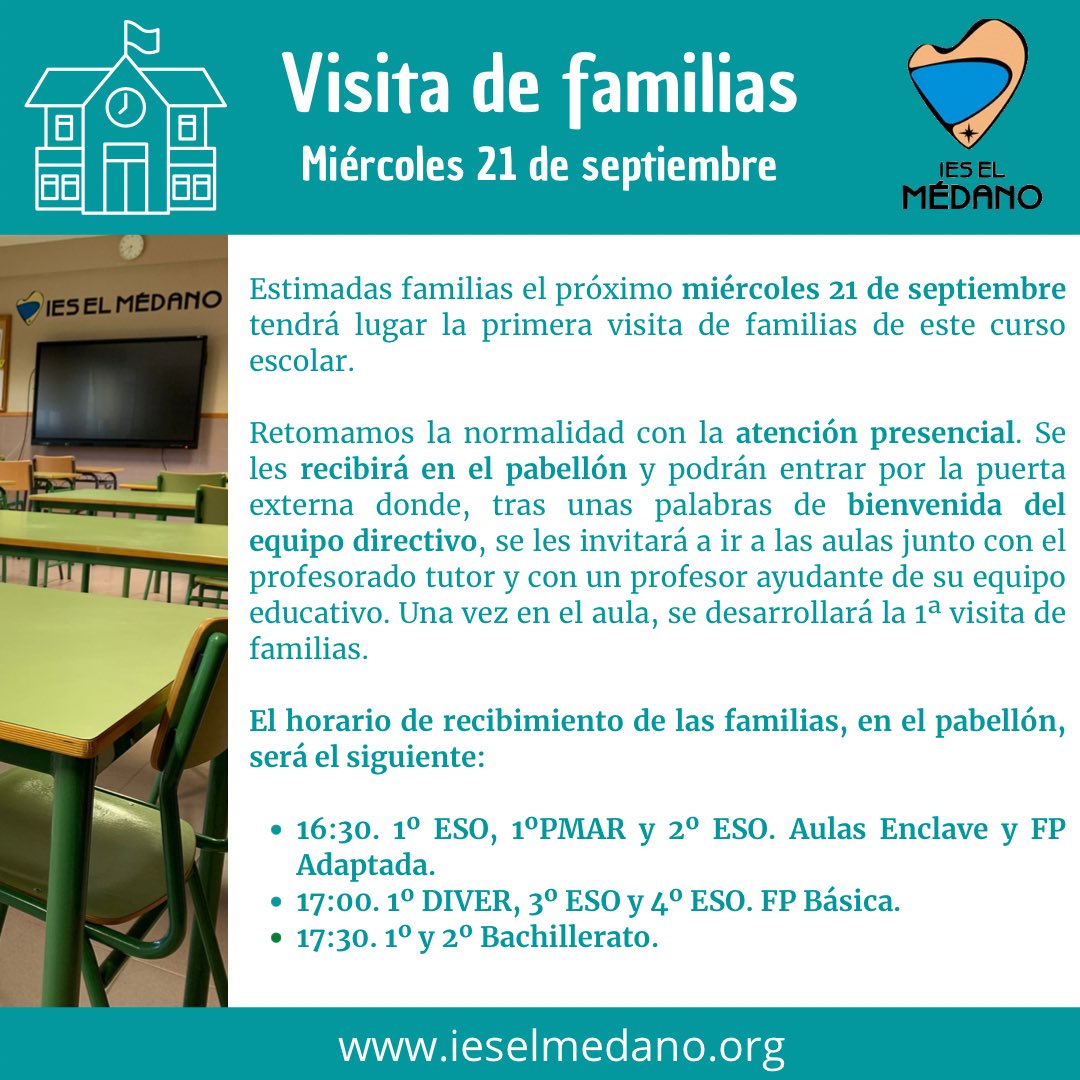 📢 Estimadas #familias el próximo miércoles 21 de septiembre tendrá lugar la primera visita de familias de este curso escolar. 

🗓Consulta tu hora según grupo: