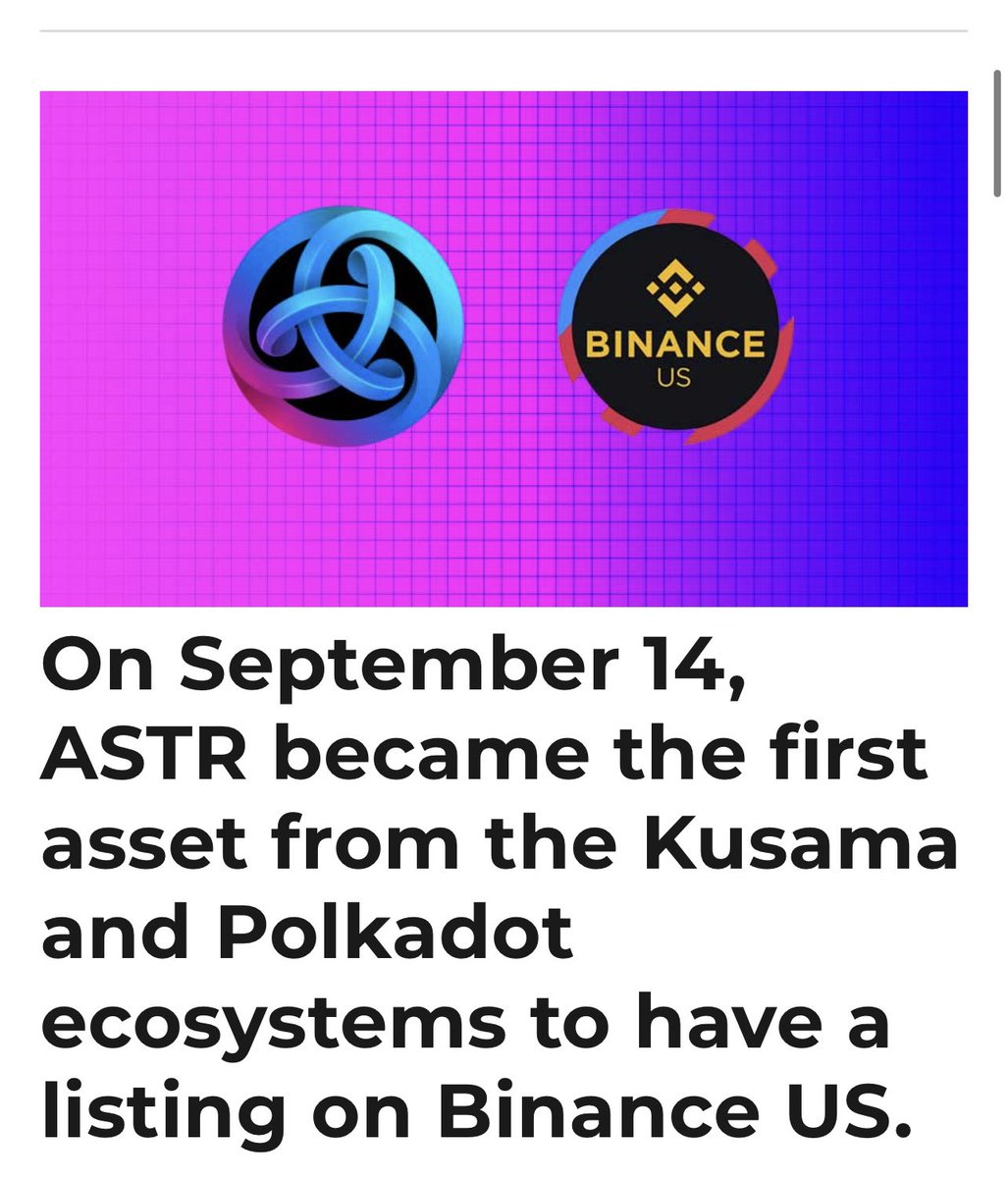 AstarNetwork's tweet photo. ASTR is the first asset from the Kusama and Polkadot ecosystems to have a listing on @BinanceUS ✨ https://t.co/ZoMpR2YuOQ https://t.co/M83nhearDu