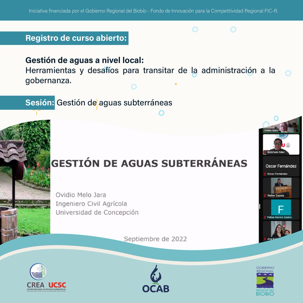 ocab_ucsc's tweet photo. #Ocab | Hoy desarrollamos un nuevo curso abierto "Gestión de Aguas a nivel local: herramientas y desafíos para transitar de la administración a la gobernanza", que contó con la exposición del Ingeniero Civil Agrícola, Ovidio Melo. https://t.co/OGUQQ3E1av