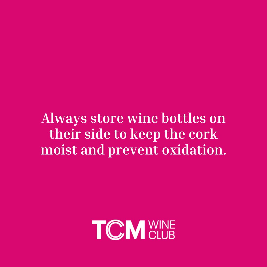 tcmwineclub's tweet photo. Did you know that storing your wine upright can dry out the cork and expose your wine to unwanted oxidation? That's why you should always store your wine bottles on their side to keep the cork moist. 🍷
#wine #winewednesday #winetip #wineclub #tcm #tcmmovies #tcmwineclub https://t.co/zHYAjTAPxG