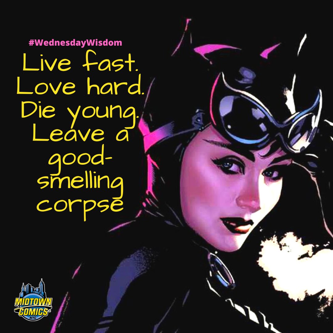 MidtownComics's tweet photo. Your #weeklywisdom brought to you from the lips of the one and only #Catwoman : 💬#LiveFast #LoveHard Die Young- leave a good smelling corpse." 🐈
👉Which iteration of 😻Catwoman has been YOUR favorite?
#WedWisdom #ComicBookQuotes #DCComics #MidtownComics https://t.co/fFNDaqwjKm