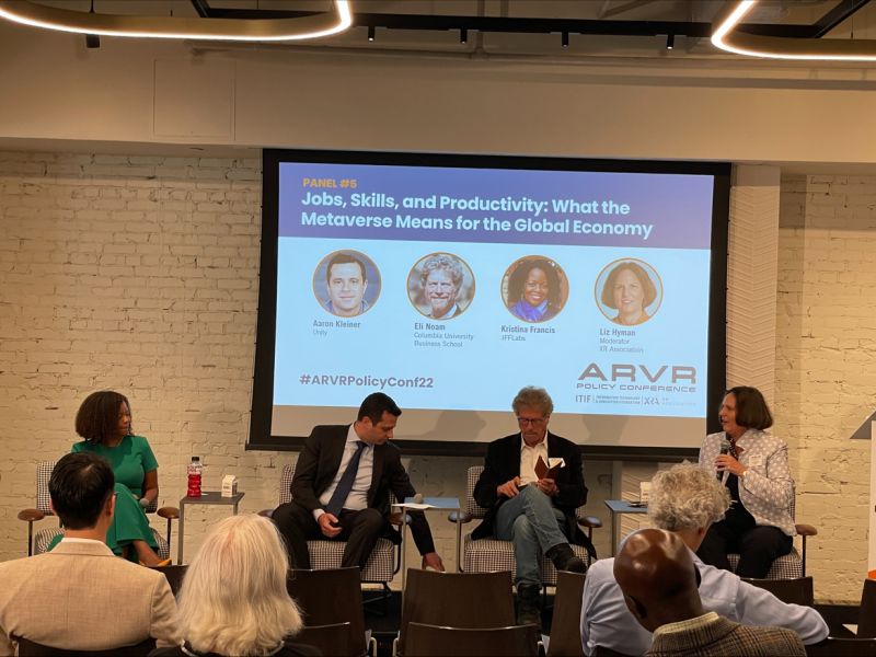 Bob Fine #IVRHA (@bobfine) on Twitter photo Panel #5: "Jobs, Skills, and Productivity:
What the Metaverse Means for the Global Economy"
Panelists: Aaron Kleiner <a href="/unitygames/">Unity for Games</a> @noaminnovation <a href="/Columbia_Biz/">Columbia Business School</a> <a href="/KristinaOptimi1/">Kristina Francis</a> <a href="/jfftweets/">Jobs for the Future (JFF)</a> moderator: <a href="/e_liz_dc/">Elizabeth Hyman</a> <a href="/XRAssociation/">XR Association</a>
arvrpolicy.org
#arvrpolicyconf22 <a href="/ITIFdc/">Information Technology and Innovation Foundation</a> Panel #5: "Jobs, Skills, and Productivity:
What the Metaverse Means for the Global Economy"
Panelists: Aaron Kleiner <a href="/unitygames/">Unity for Games</a> @noaminnovation <a href="/Columbia_Biz/">Columbia Business School</a> <a href="/KristinaOptimi1/">Kristina Francis</a> <a href="/jfftweets/">Jobs for the Future (JFF)</a> moderator: <a href="/e_liz_dc/">Elizabeth Hyman</a> <a href="/XRAssociation/">XR Association</a>
arvrpolicy.org
#arvrpolicyconf22 <a href="/ITIFdc/">Information Technology and Innovation Foundation</a>