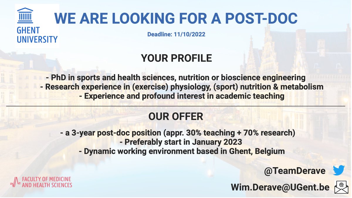 Please RT 📢

We have a vacant post-doc position to complement our wonderful team to teach &amp; conduct research in muscle physiology &amp; sports nutrition

 <a href="/ugent/">UGent</a> <a href="/BSW_UGent/">BSW UGent</a> 

More info via DM
Apply by Oct 11th at: bit.ly/3L5dEho
