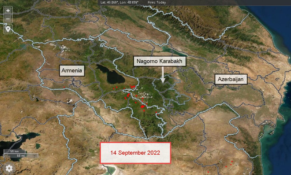 NKobserver's tweet photo. NASA's FIRMS fire monitoring map showing hotspots inside #Armenia's border, coinciding with areas targeted by #Azerbaijan. The map for 14 September appears a bit less compared to the previous, first day of military operations. 

Map and data source: @NASA https://t.co/SCmtfgFXXc
