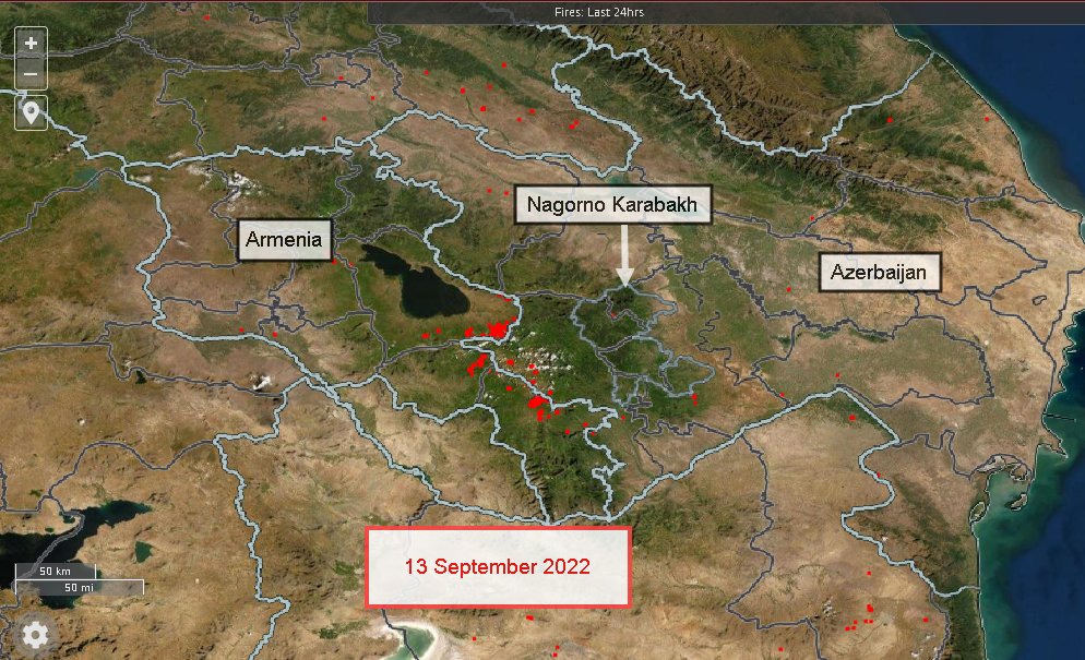 NKobserver's tweet photo. NASA's FIRMS fire monitoring map showing hotspots inside #Armenia's border, coinciding with areas targeted by #Azerbaijan. The map for 14 September appears a bit less compared to the previous, first day of military operations. 

Map and data source: @NASA https://t.co/SCmtfgFXXc