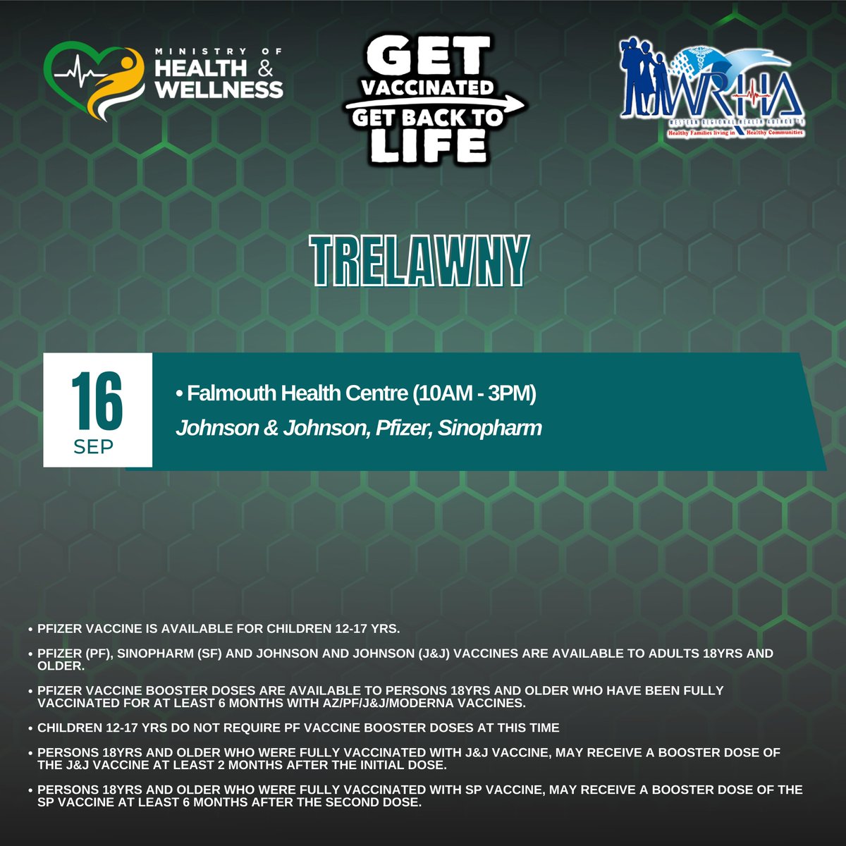 wrhagovjm's tweet photo. Please see Trelawny's #VaxSchedule for the rest of the week. All walk-ins are welcome.
*Load for 4K Image*
#GetVaccinatedToday. #VaccinateJa #GetVaccinated #GetBacktoLife https://t.co/9LyFaeMkzx