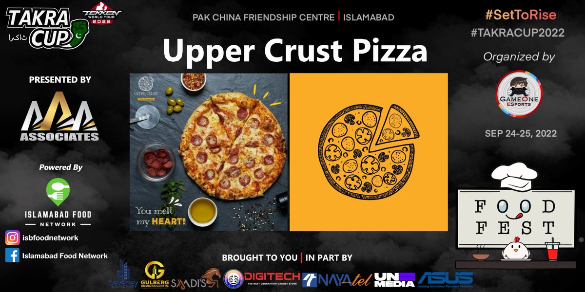 EsportsGameone's tweet image. "Quality (and sometimes daring) interpretations of the classic Neapolitan-style pizza 🍕"
We welcome #UpperCrust to #TakraCup2022 #FoodFest 
Follow the Pizza Maters of Islamabad and see what they are bringing!
Facebook: facebook.com/uppercrustpaki…
Instagram: instagram.com/uppercrustpaki…