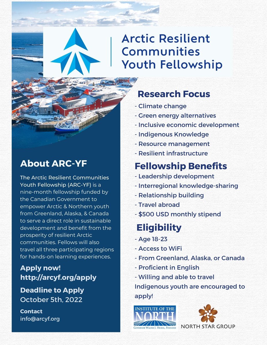 NorthStarGrp's tweet photo. Calling all community minded Arctic &amp; Northern youth; here is your chance to make a difference in your communities! 

@NorthStarGrp is excited to announce the launch of the Arctic Resilient Communities Youth Fellowship! Apply here: https://t.co/vMcy6m2wZq by Oct.5 at 8 pm EST. https://t.co/USdeQpmVJg