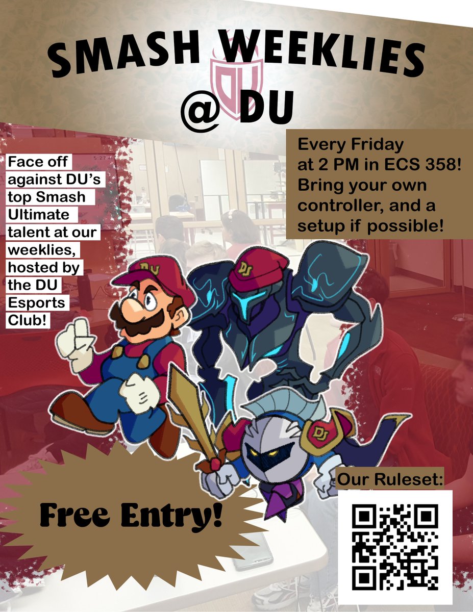 duesportsclub's tweet photo. Smash Weeklies @ DU will be resuming this Friday at 2 PM! Our tournaments will be taking place in room 358 of the Engineering and Computer Science building. Pre-register at https://t.co/j936ALaea8 and bring a full setup to help the bracket run more smoothly! https://t.co/HFYClEdYQS