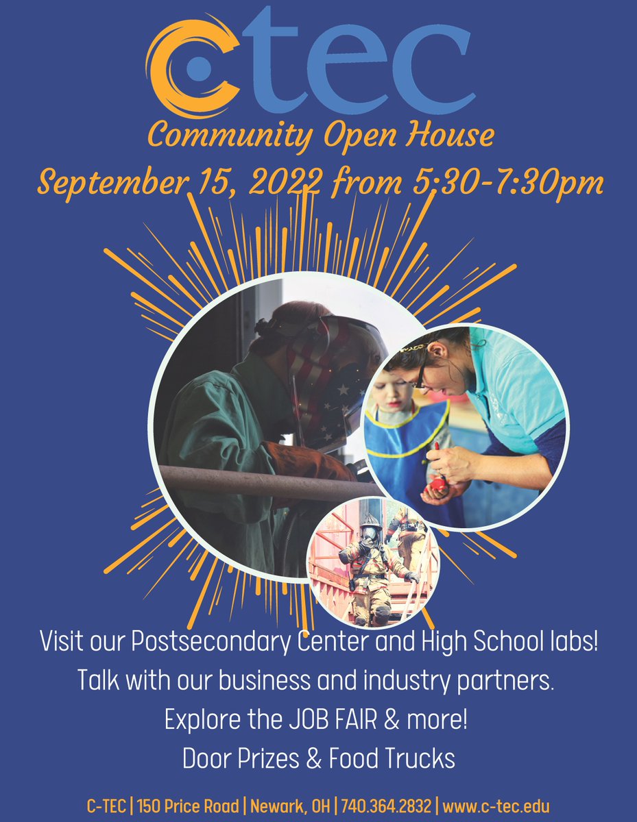 Tomorrow night! Annual Community Open House at C-TEC 
September 15th from 5:30-7:30 p.m. 
All areas of C-TEC (Postsecondary and Secondary) will be open for visits/tours/information sharing. 
We would love to have you there!