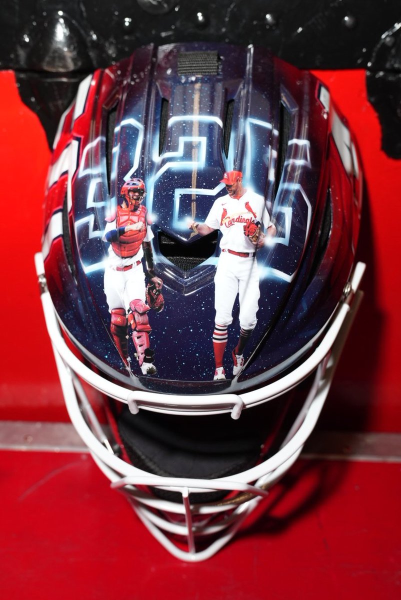 CBSSports's tweet photo. Yadier Molina is rocking this epic mask tonight commemorating him and Adam Wainwright's 325th start together as battery mates, breaking the record for the most in Major League Baseball history 👏

📸: @Cardinals https://t.co/LOHRAhGGHM