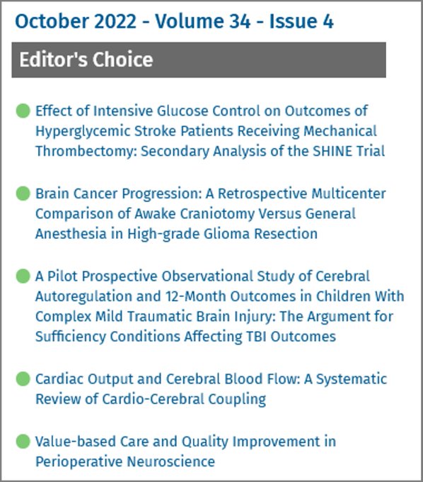 The October issue of the Journal of Neurosurgical Anesthesiology is now available. Review the issue, including the free Editor's Choice articles  here: ow.ly/NGmT50KJCFh.