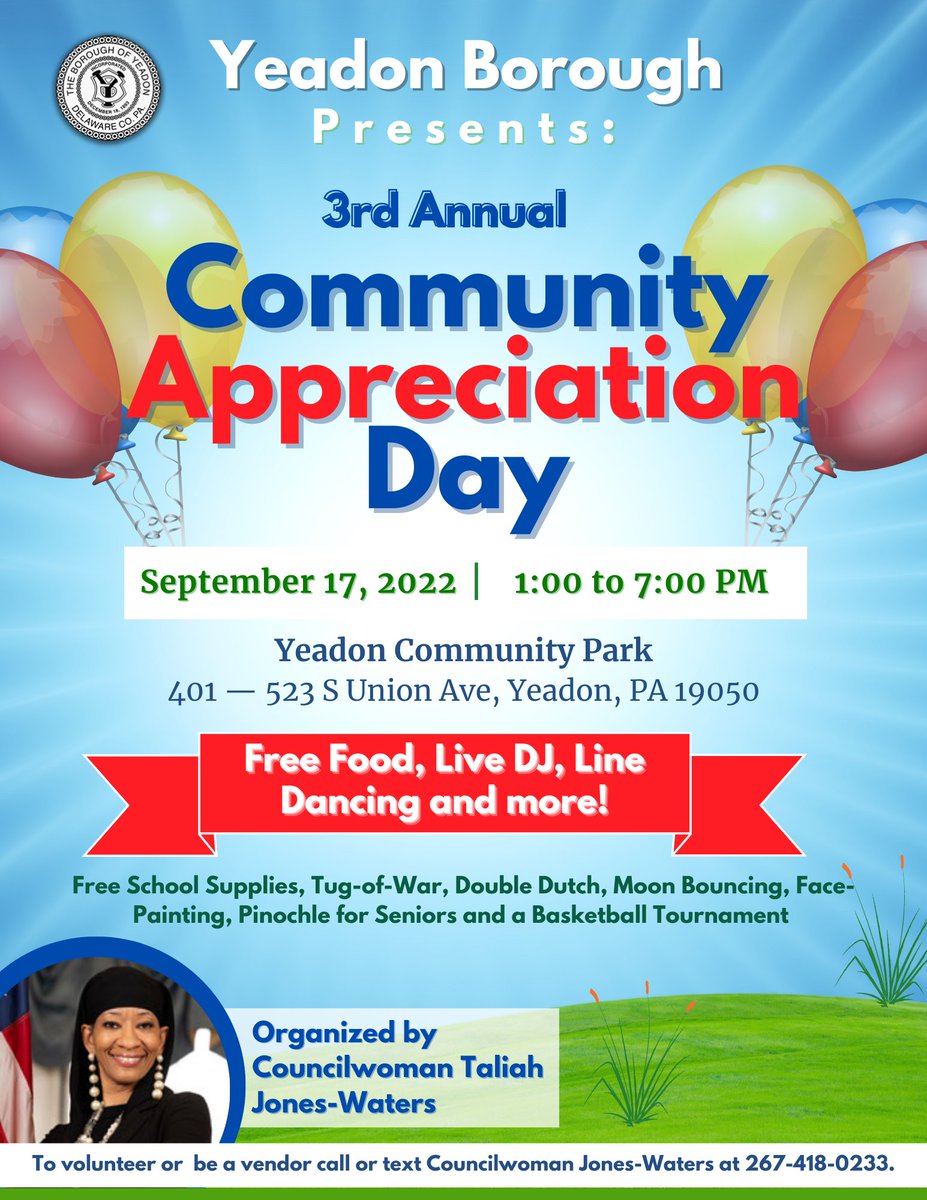 YeadonBorough's tweet photo. Family. Fun. Food. Free. See you at Community Park this Saturday! https://t.co/nmEZ8gPG99