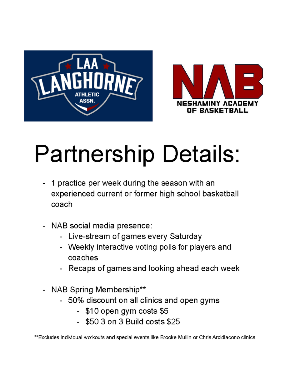 The <a href="/LanghorneSports/">LAA</a>  and <a href="/NeshAcademy/">Neshaminy Academy of Basketball</a>  will be partnering for the 2022-2023 Basketball Season!

Location: Maple Point Gym
Questions? Email us at neshacademy@gmail.com

Register today for the LAA season: bit.ly/3LbrajK
