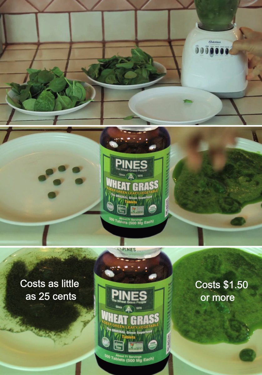 A serving of spinach costs $1.50. A nutritionally equal serving of Pines costs as little as 25 cents! We put a serving of spinach in a blender to compare it to a seven-tablet serving of #PinesWheatGrass. Tablets turn dark green and expand 12 times when wet.