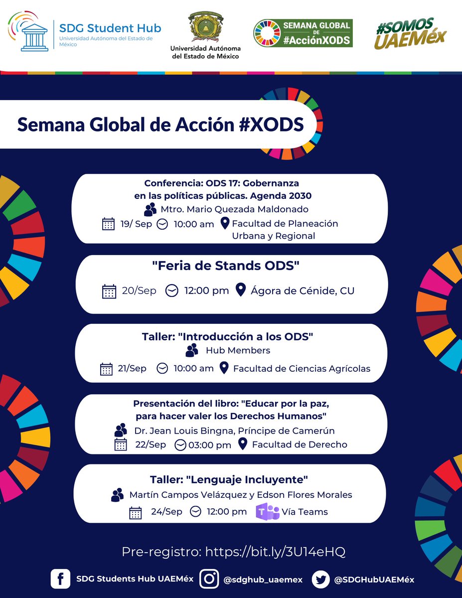 SDGHubUAEMex's tweet photo. Queremos compartir con ustedes el cronograma de los eventos que tenemos programados.
No olviden registrarse en el link: https://t.co/aJeLVZrun0 te esperamos.🥳
#sdgstudentsprogram
#sdgstudentprogramuaeméx
#acciónXODS
#UAEMéx
@myworldmexico @sdgaction https://t.co/PH21c5adH8