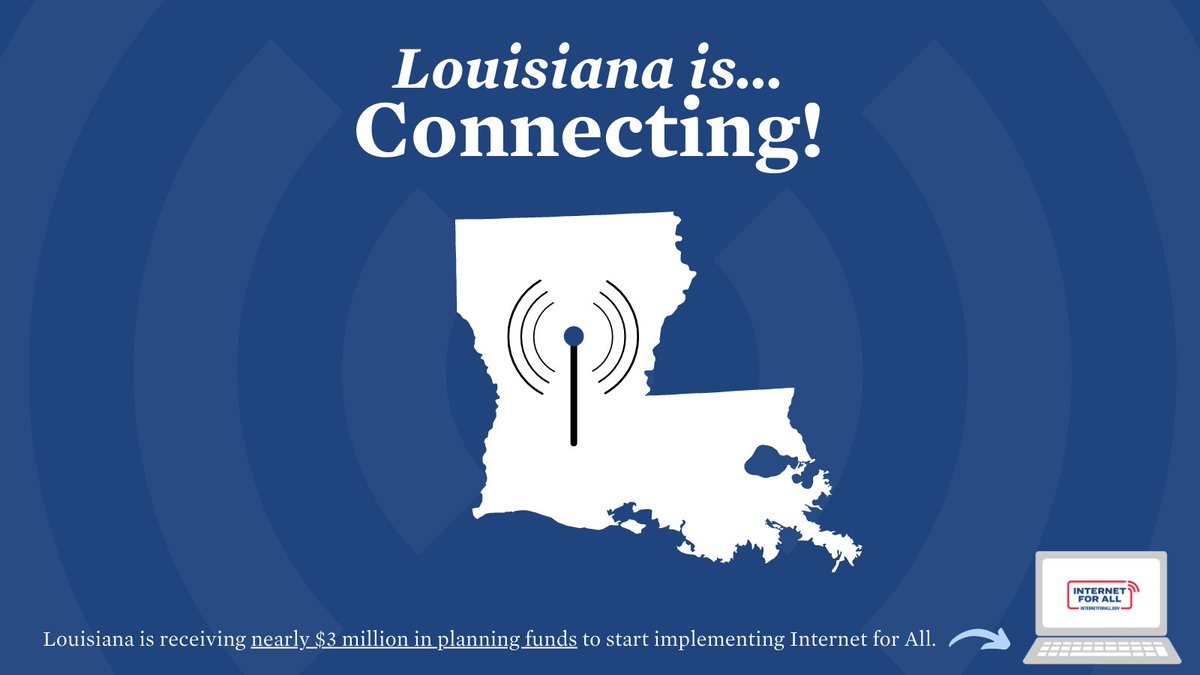 ICYMI: <a href="/LouisianaGov/">Gov. John Bel Edwards</a> &amp; state leaders are getting their communities connected.

#LA is the first state to receive planning funds from the Broadband Equity, Access and Deployment (BEAD) and #DigitalEquity Act initiatives under #InternetForAll.
