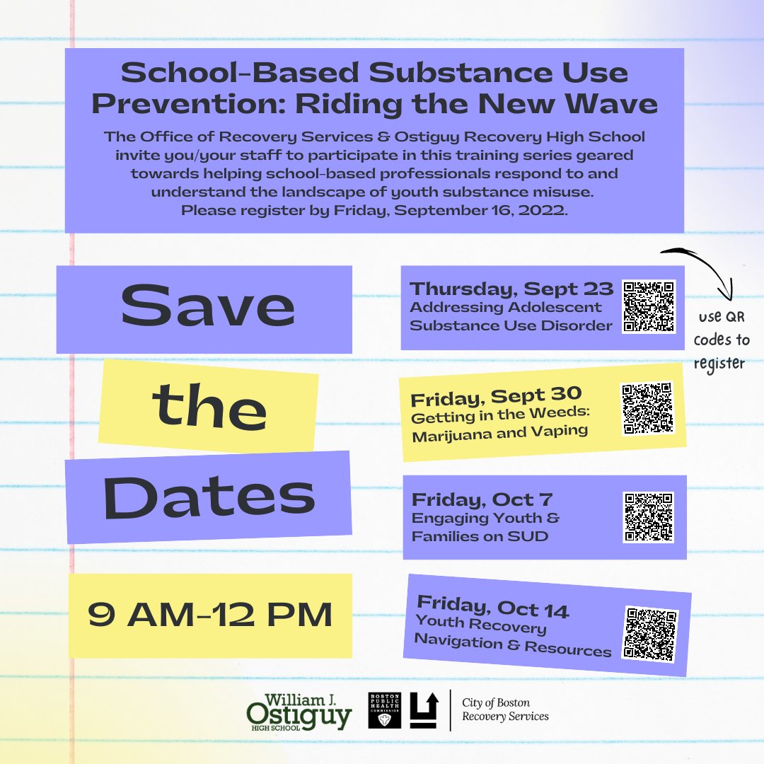 The Office of Recovery Services &amp; <a href="/OstiguyHigh/">Ostiguy High School</a> invite you to participate in this training series geared towards helping school-based professionals respond to and understand the landscape of youth substance misuse. 
Please register by this Friday, September 16, 2022.