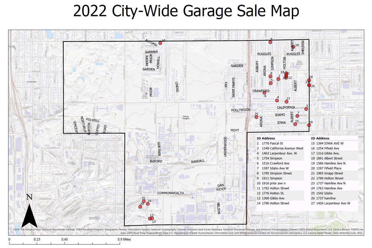 FalconHeights's tweet image. Attached is a map of the Citywide Garage Sale and a list of items for sale at each garage sale. Also, there is no order associated with the number above each circle; it is for reference only. Click the link for a google map of the Citywide Garage Sale: shorturl.at/msU15