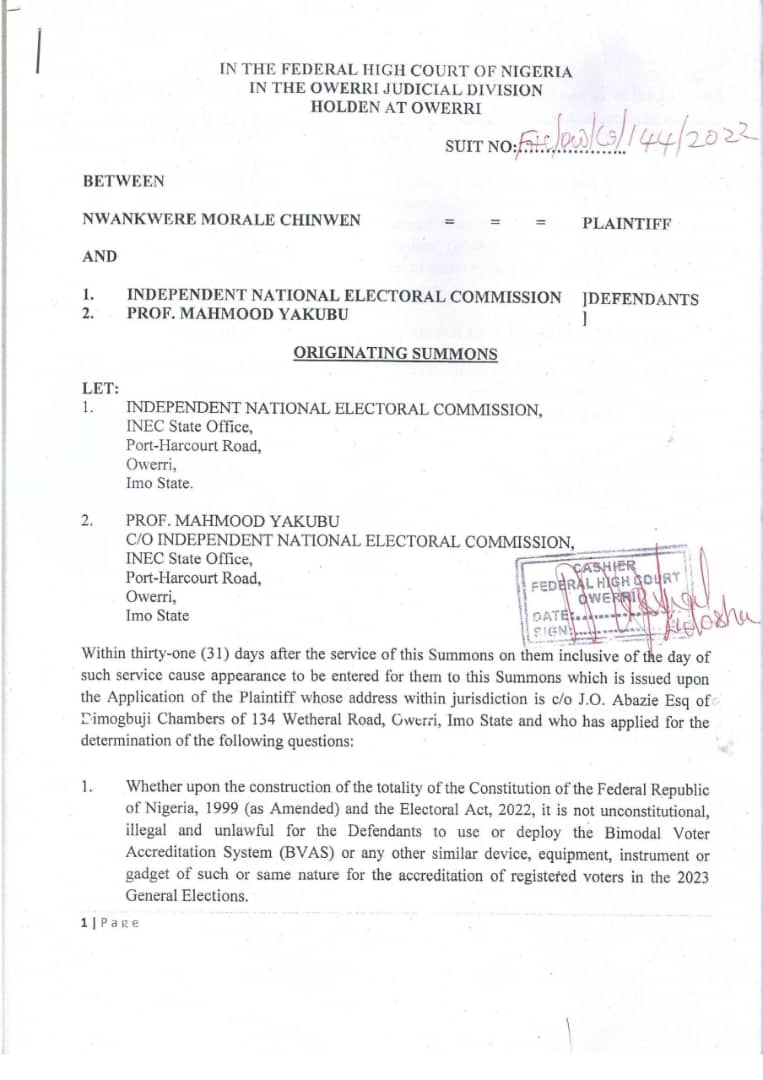 Someone (whom I know) has filed a case against <a href="/inecnigeria/">INEC Nigeria</a> to eliminate #BVAS from the landscape of #NigeriaDecides2023 &amp; make it a rigging #FreeForAll. Guess where the case is filed? In Owerri....!