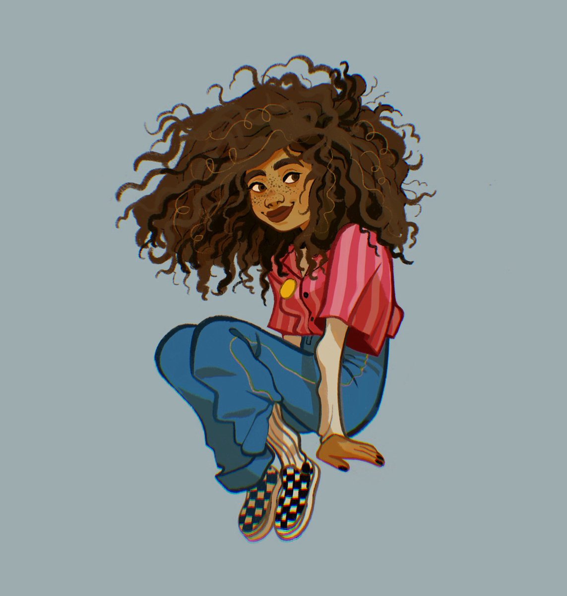 solo 1girl dark skin pants dark-skinned female shirt brown hair  illustration images