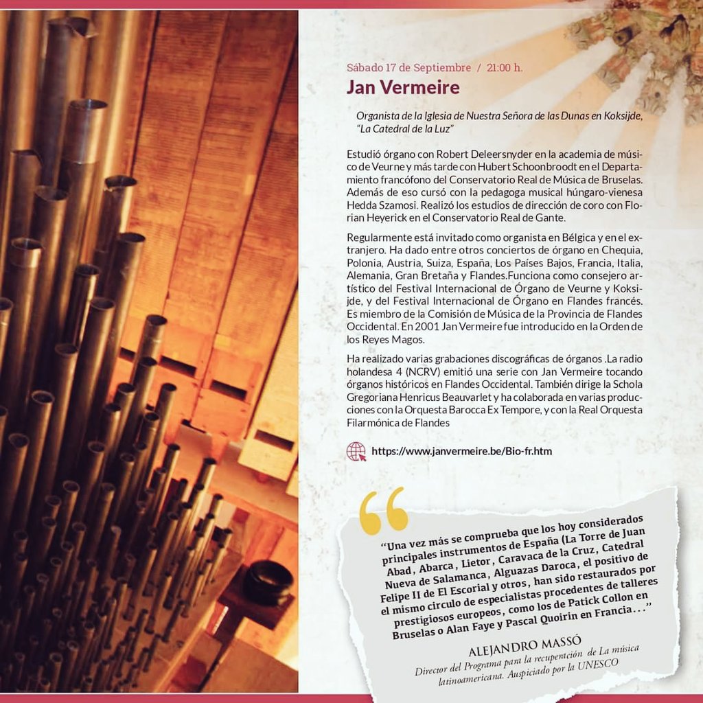OrganodeLaTorre's tweet photo. XXI Ciclo Internacional de Conciertos en el Órgano Histórico de Torre de Juan Abad
Próximo concierto: JAN VERMEIRE
Sàbado, 17 de septiembre, 21 horas.
Entrada gratuita (A las 20 horas, misa acompañada de órgano)
https://t.co/4deRHOsZuG https://t.co/KZbqlHphJ8