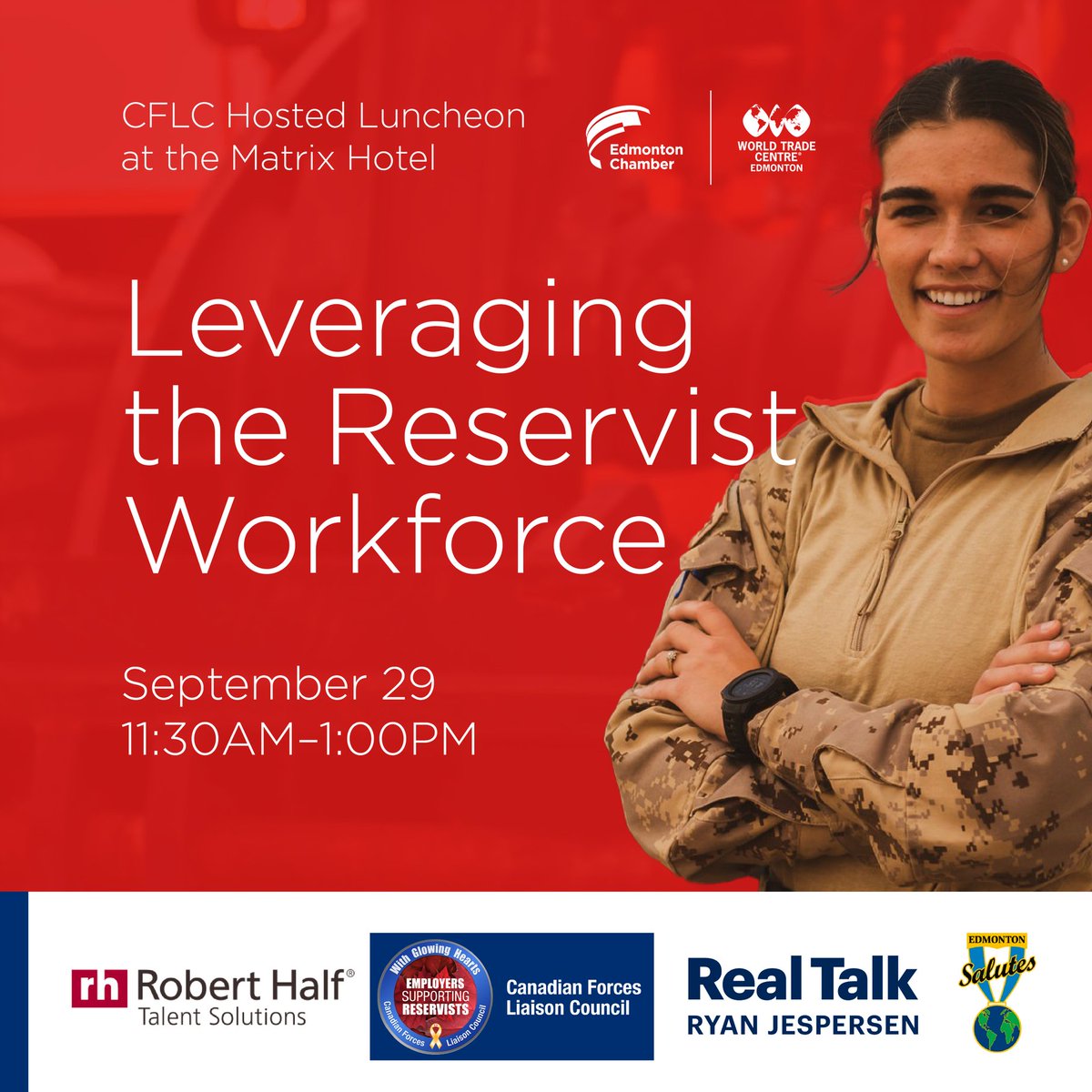 EdmontonChamber's tweet photo. We're proud to partner with Robert Half and The @CFLCCA (Canadian Forces Liaison Council) on this upcoming event. With labour shortages affecting businesses large and small, there is untapped potential in hiring reservists for your workforce.https://t.co/n4ptt6Degf https://t.co/ONZAx2ne8U