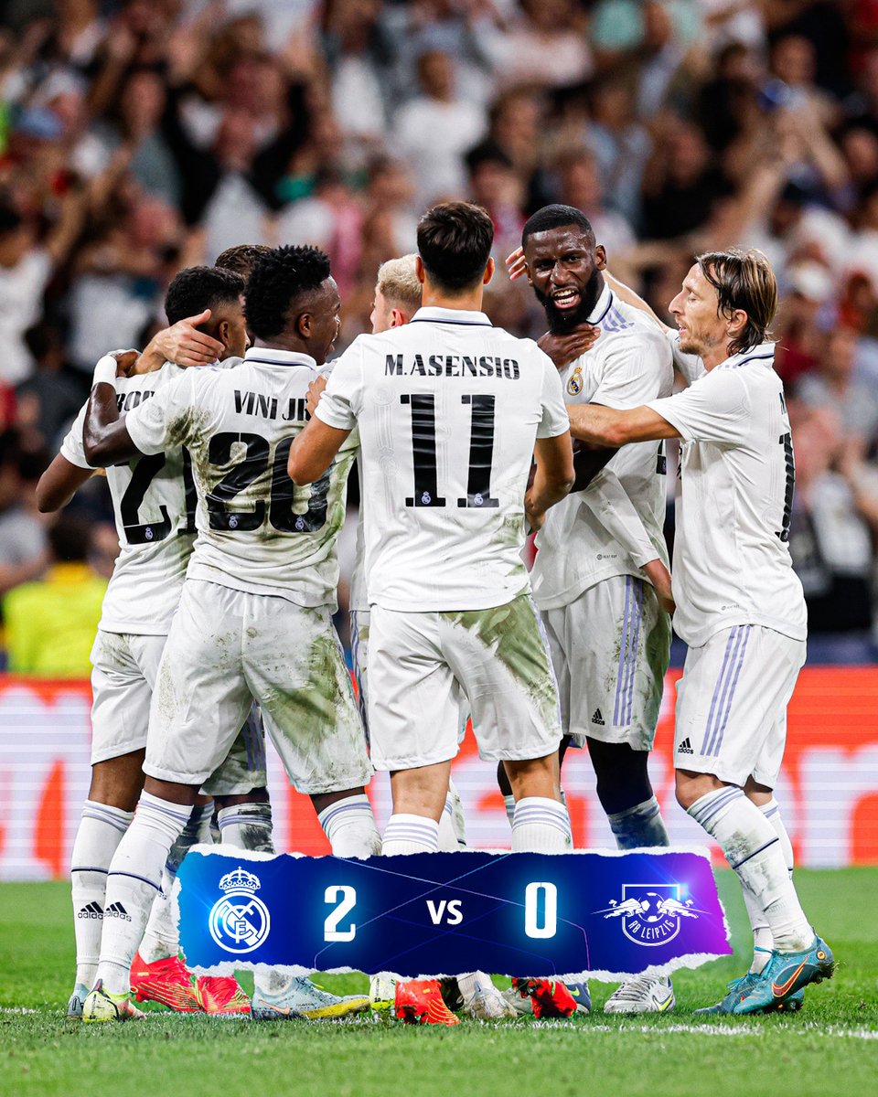realmadrid's tweet photo. 🏁 FT: @realmadriden 2-0 @RBLeipzig_EN 
⚽ @fedeevalverde 80', @marcoasensio10 90'+1'.
#UCL https://t.co/8of1KyFILW