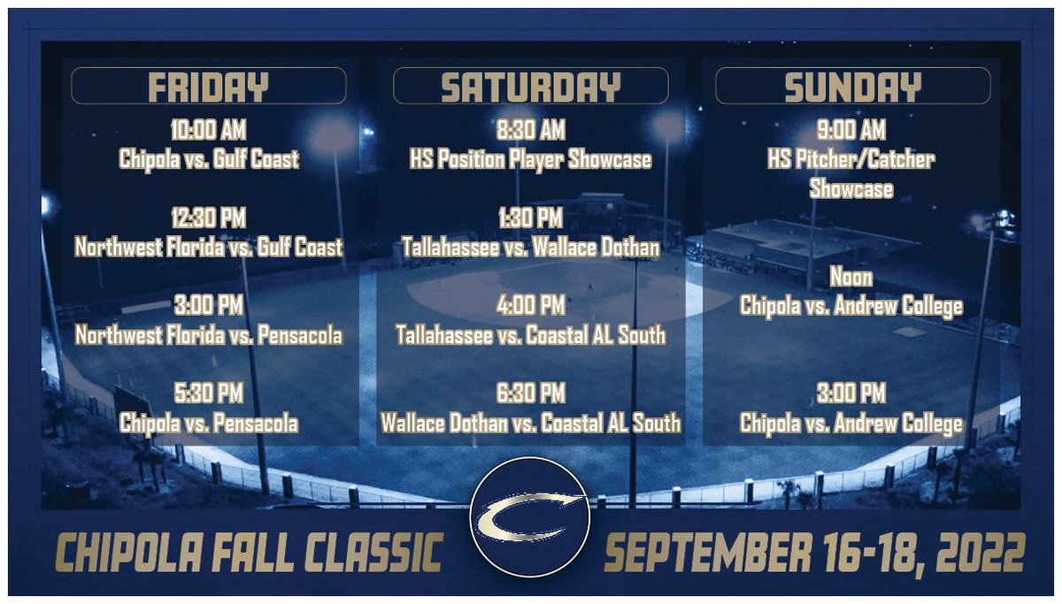 Chipola_BSB's tweet photo. Come out to Jeff Johnson Field for this weekend's Chipola Fall Classic. 

It's also not too late to sign up for the showcase this weekend. Contact @R_Hix22 (hixonj@chipola.edu) for more information or to register. https://t.co/hjE5SYoFBy