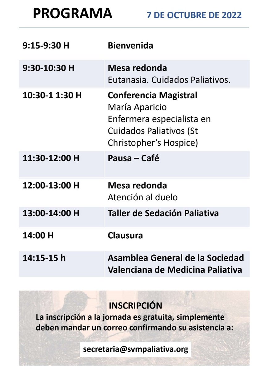SVMPaliativa's tweet photo. Os invitamos a la X Jornada de la SVMP: "Por unos #CuidadosPaliativos de alta calidad"
📆 7 de octubre
📍Alicante
✏ Gratuita en secretaria@svmpaliativa.org
Programa aquí 👇👇👇 https://t.co/oypP2r3i1b