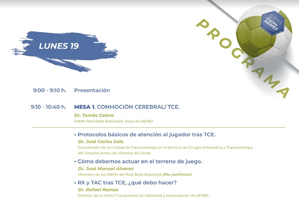 AEMEF_'s tweet image. La mesa sobre Conmoción Cerebral que moderará el Dr. Tomás Calero (@RealBetis y vocal de @AEMEF_ ) abrirá el #XXVICursoAEMEF con la intervención de los Dres. José Carlos Saló, @dr_jm_alvarez y Rafael Ramos (@TraumamedVallad), expresidente de @AEMEF_ )
➡️aemef.org/wp-content/upl…